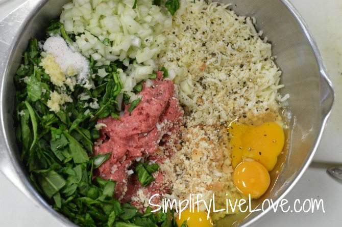 Spinach Mozzarella Meatloaf - mix in a bowl