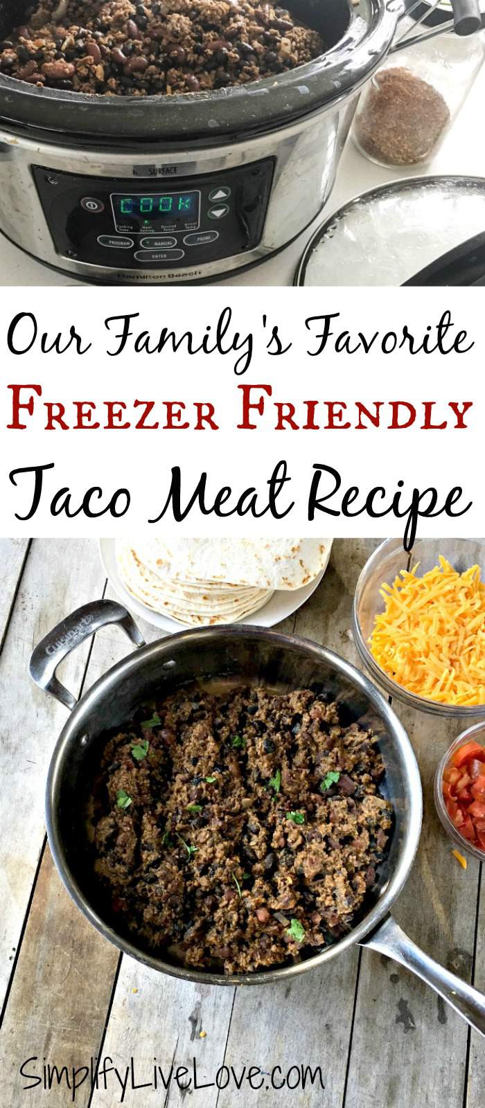 Our family's favorite taco meat recipe, made in large quantity because it's perfect for the freezer. This recipe features ground beef, homemade spice mix, and beans. Delicious!