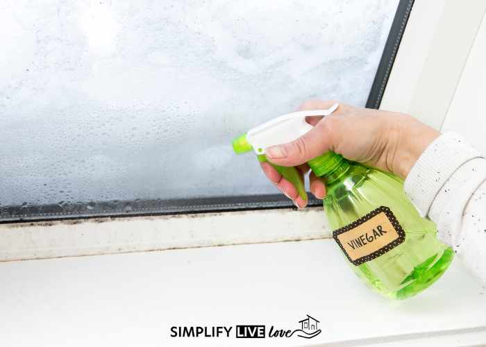white vinegar in green spray bottle as non toxic household cleaner