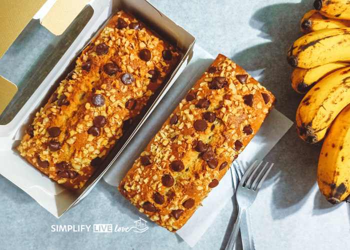 Chocolate chip zucchini bread with bananas on tabletop