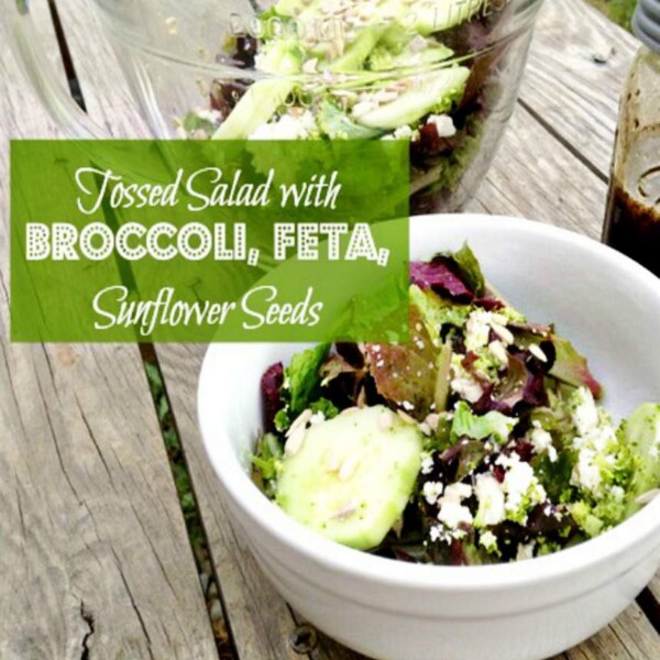 tossed salad with broccoli, feta, and sunflower seeds