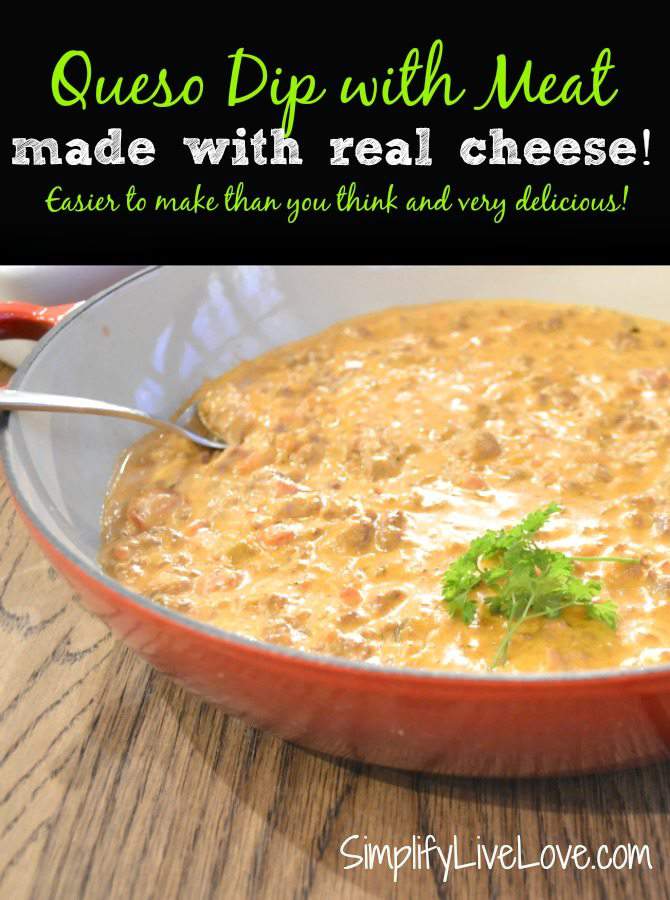 This recipe for queso dip is made with REAL cheese, meat, and delicious chilis. It's the perfect dip for game day or for a fun weekend get together!