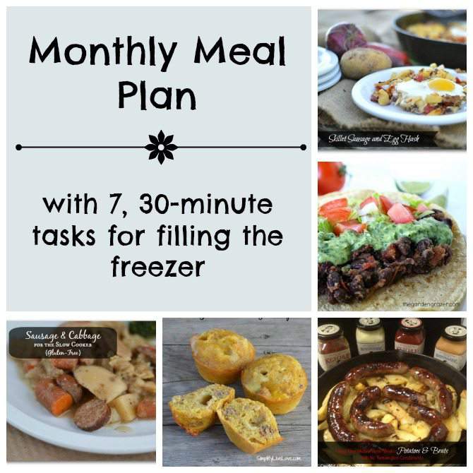 Feb Monthly Meal Plan with 7, 30-minute tasks for filling the freezer
