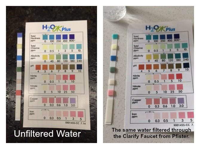 before and after pictures of test results from drinking water filtered through a Clarify Faucet from Pfister
