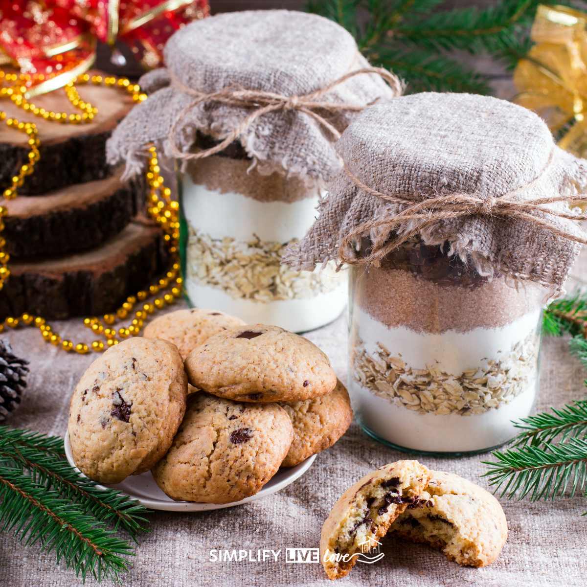 christmas cookies mix in a jar with chocolate chip cookies on a plate in foreground