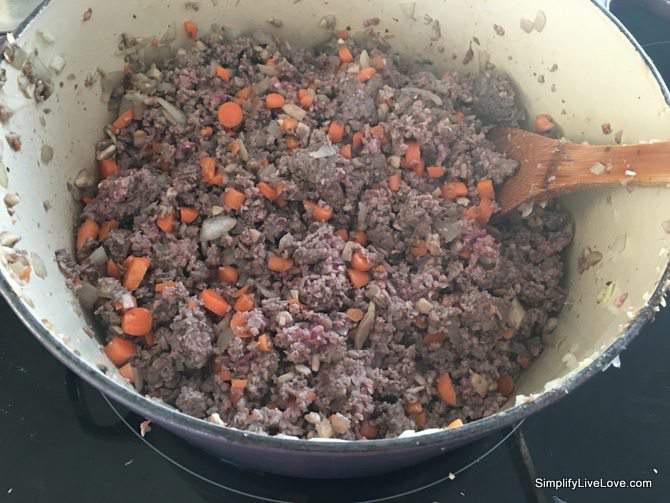 ground beef cooking with hidden vegetables to make the sauce for the lasagna with cottage cheese