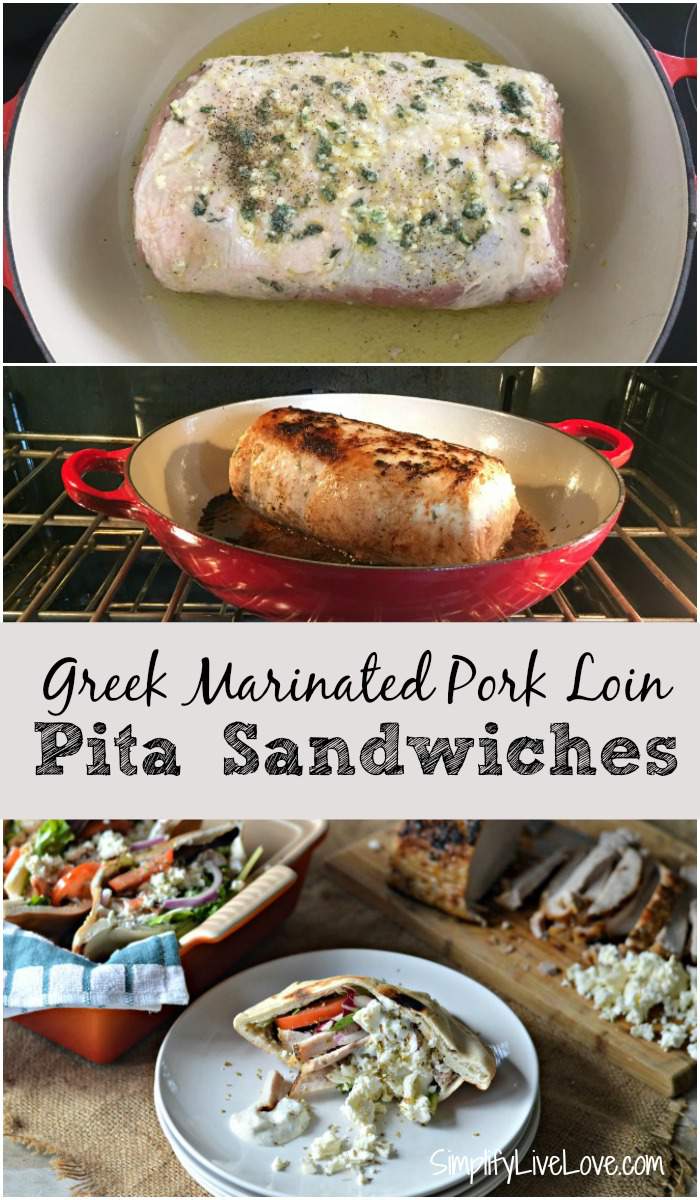 Greek marinated Pork Loin Pita Sandwiches. Roasting a pork loin on a weekend is a great way to have healthy and delicious lunches for the rest of the week. This Greek Marinated Pork Loin makes the most delicious pita sandwiches!