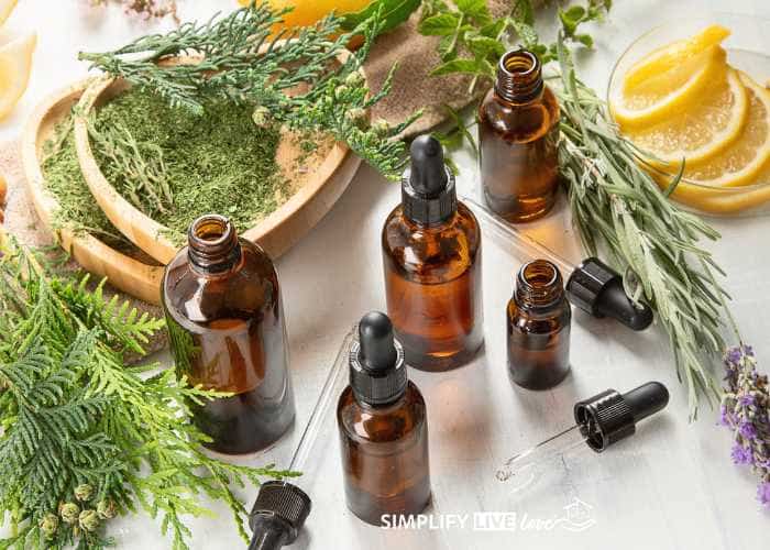 essential oil bottles with lemon, lavendar, and greens on table to make natural tick repellant