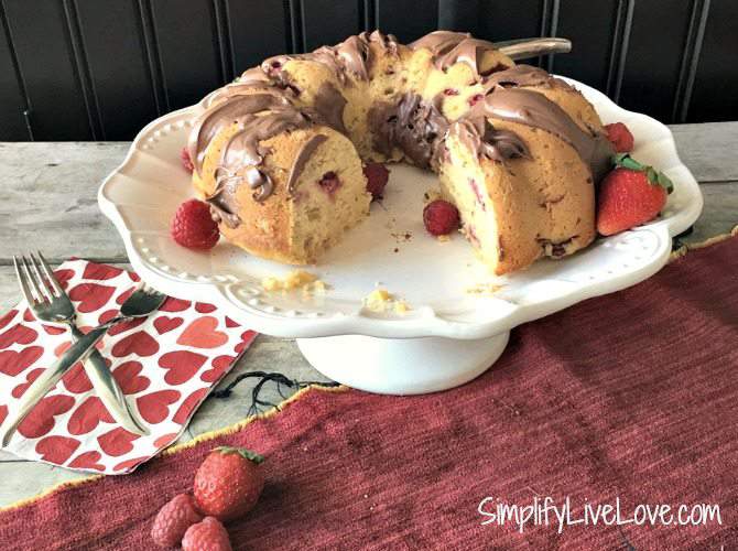 Red Berry Yogurt Bundt Cake with Chocolate Cream Cheese Frosting perfect for Valentine's Day