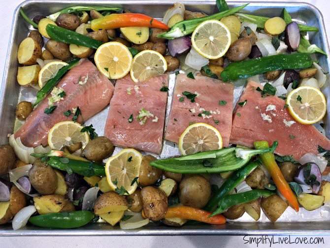 Add salmon and other veggies to sheet pan