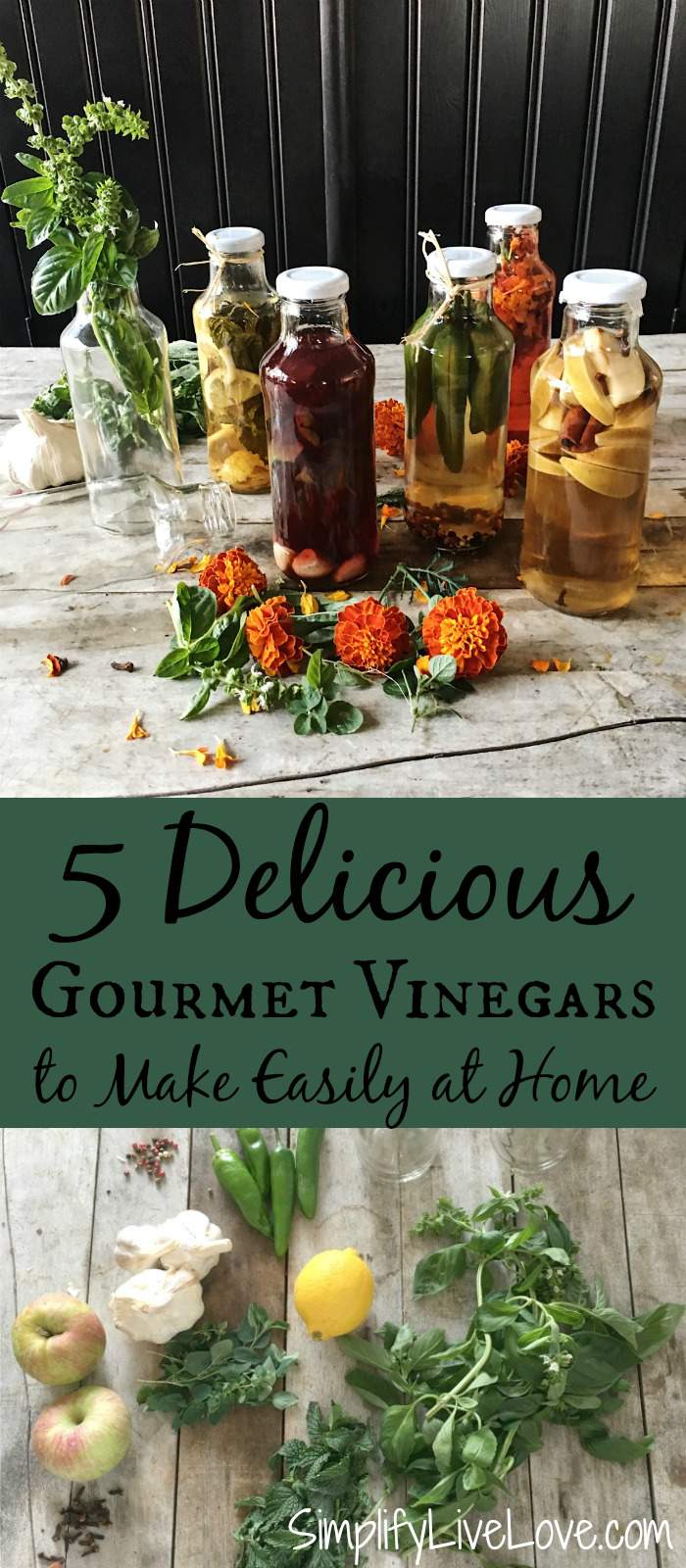 These 5 homemade gourmet vinegar flavors make the perfect edible gifts. They are beautiful and easy, perfect for marinades, salad dressings, & more!