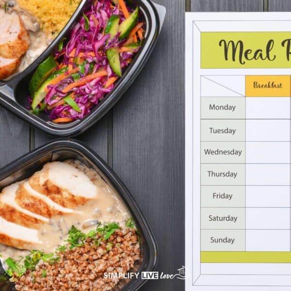 portioned meals of meat and vegetables alongside a printed family meal plan menu