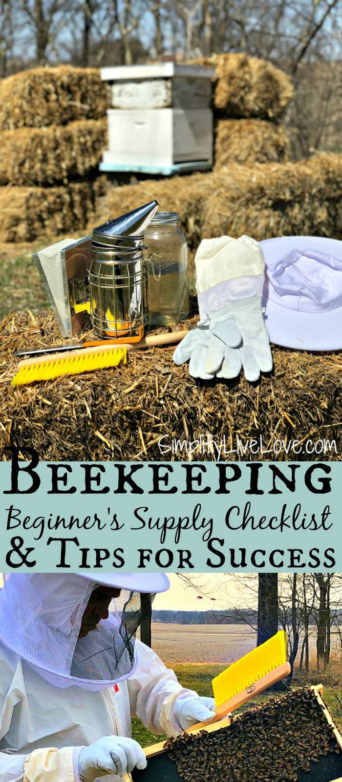 If you want to learn how to start beekeeping, here's a helpful list of beginning beekeeping supplies you'll need for beehive kits plus a few tips and tricks to survive the first week with your bees. #beekeeping