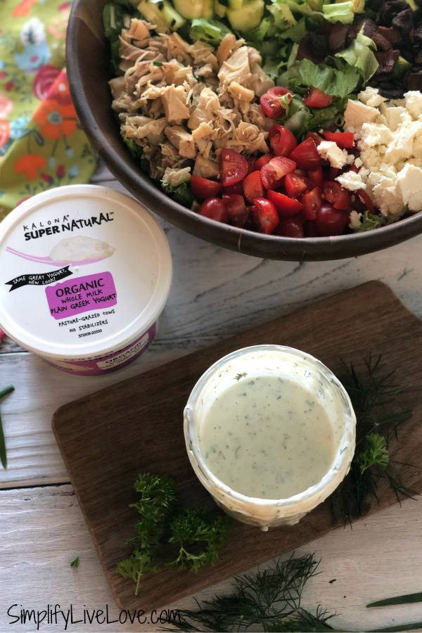greek yogurt ranch dressing recipe with fresh herbs and salad