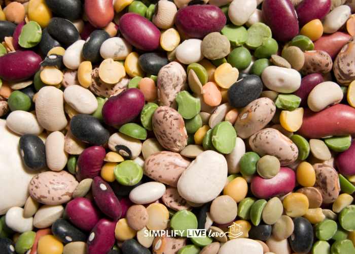 assortment of dried beans such as black beans, blackeyed peas, green split peas and kidney beans