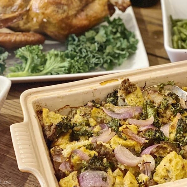 sourdough stuffing with sausage, onion, and kale