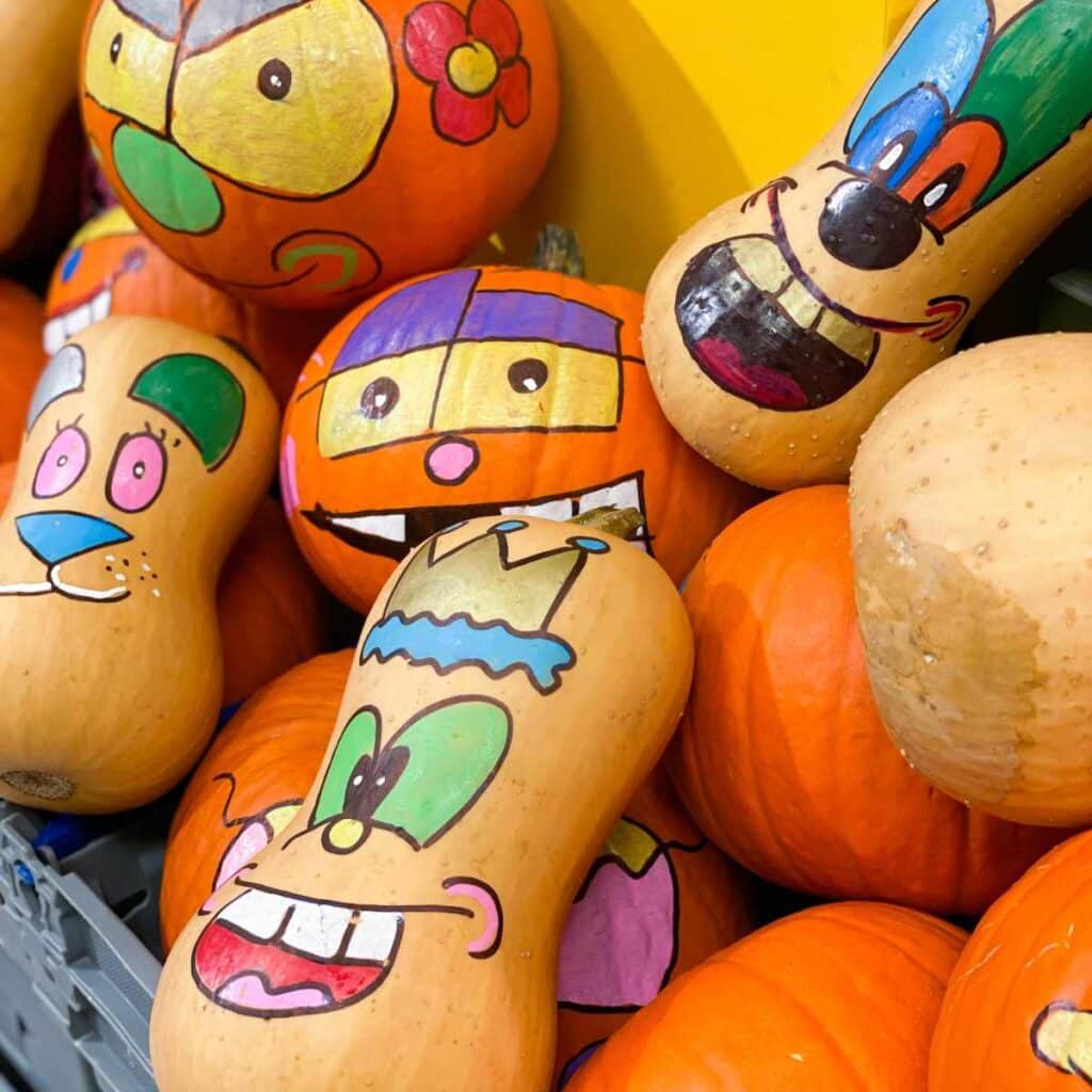 gourds and pumpkins with silly painted faces for pumpkin decorating without carving