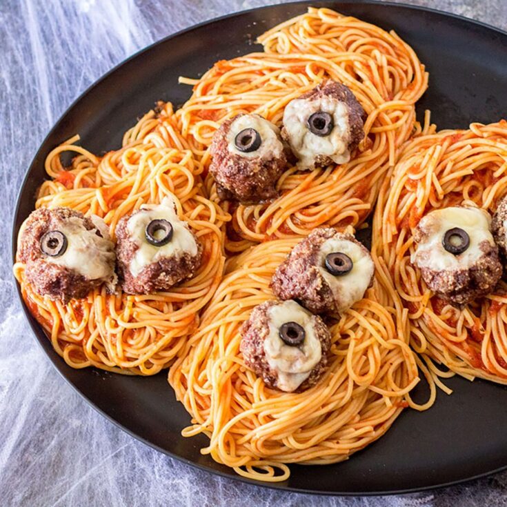 Image for Savory Halloween Recipe: Spooky Spaghetti and Cheese Stuffed Meatballs