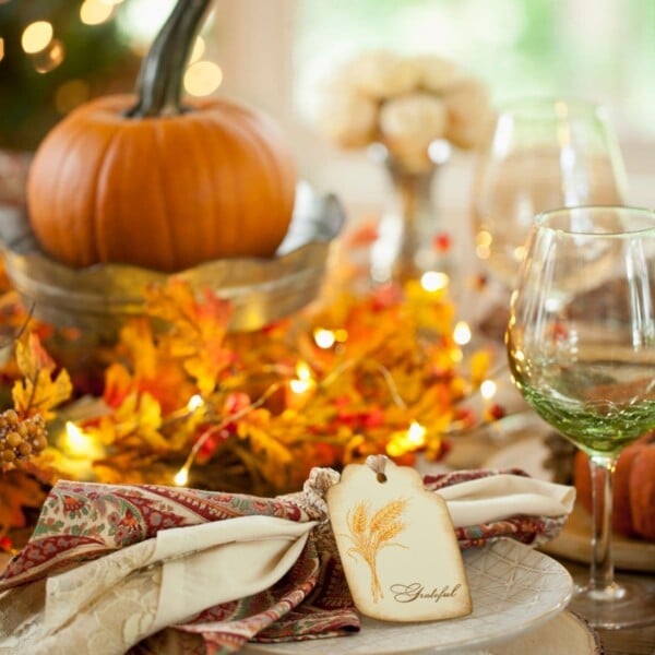 thanksgiving place setting with pumpkin and wine glass