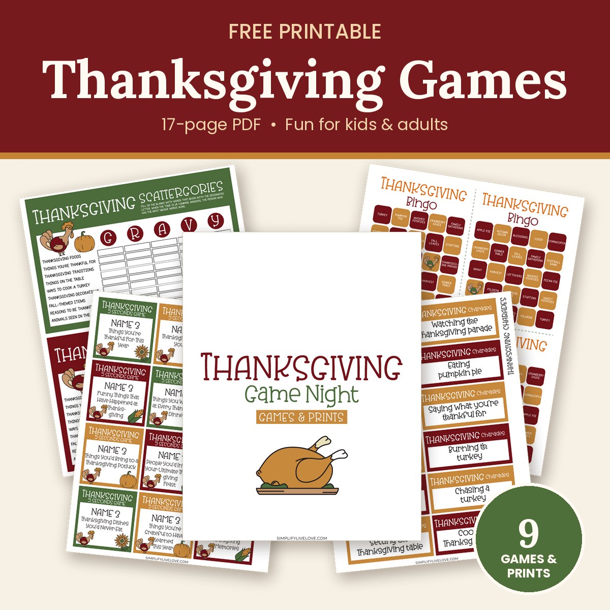 Free printable Thanksgiving games PDF pages including Scattergories, bingo, charades, and the 5 Second Game
