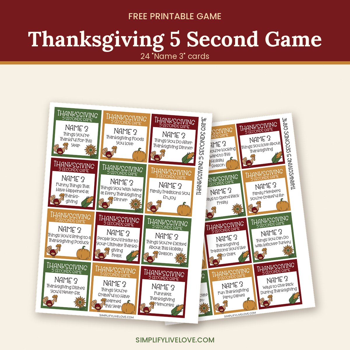 Thanksgiving 5 Second Game printable Name 3 cards