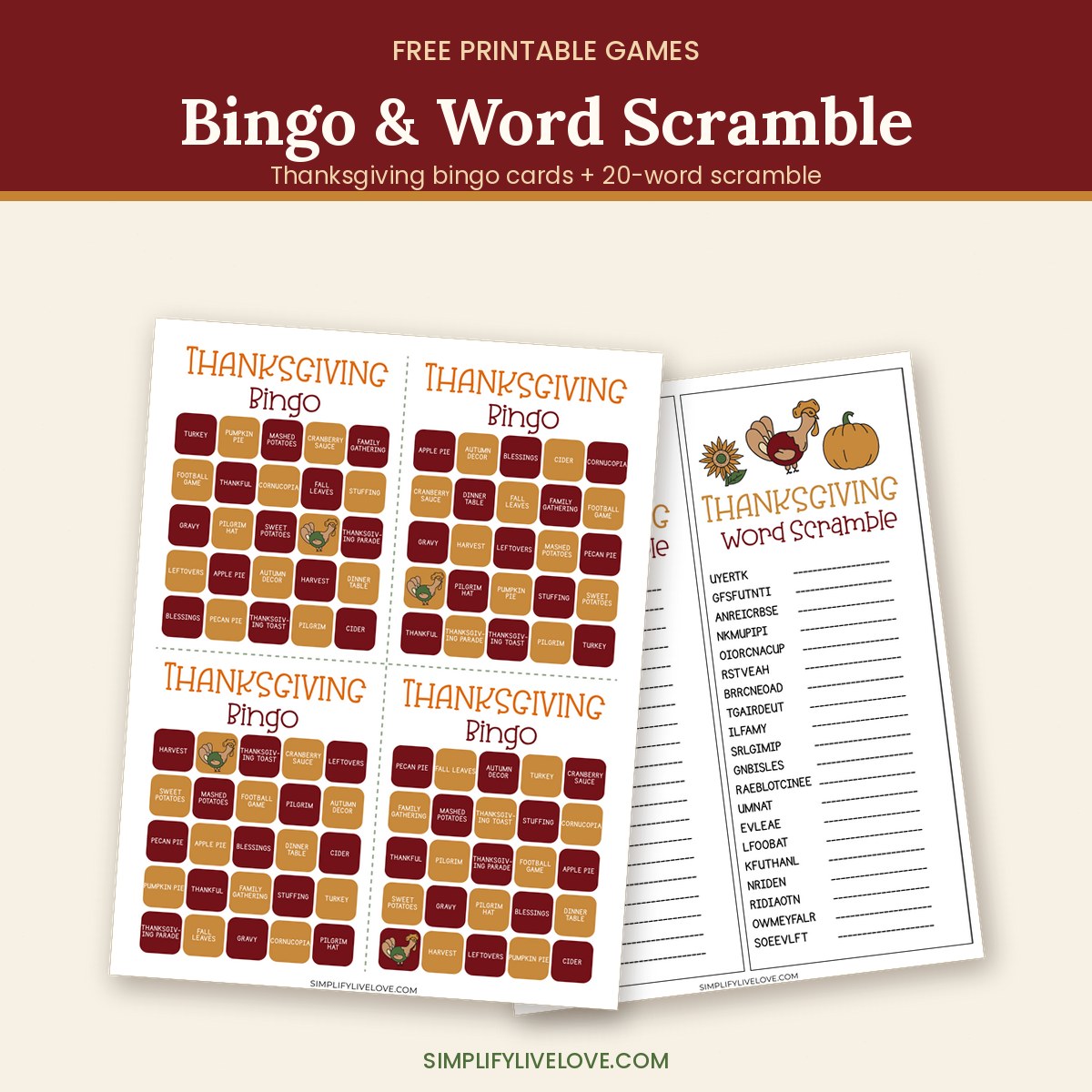 Printable Thanksgiving bingo cards and word scramble