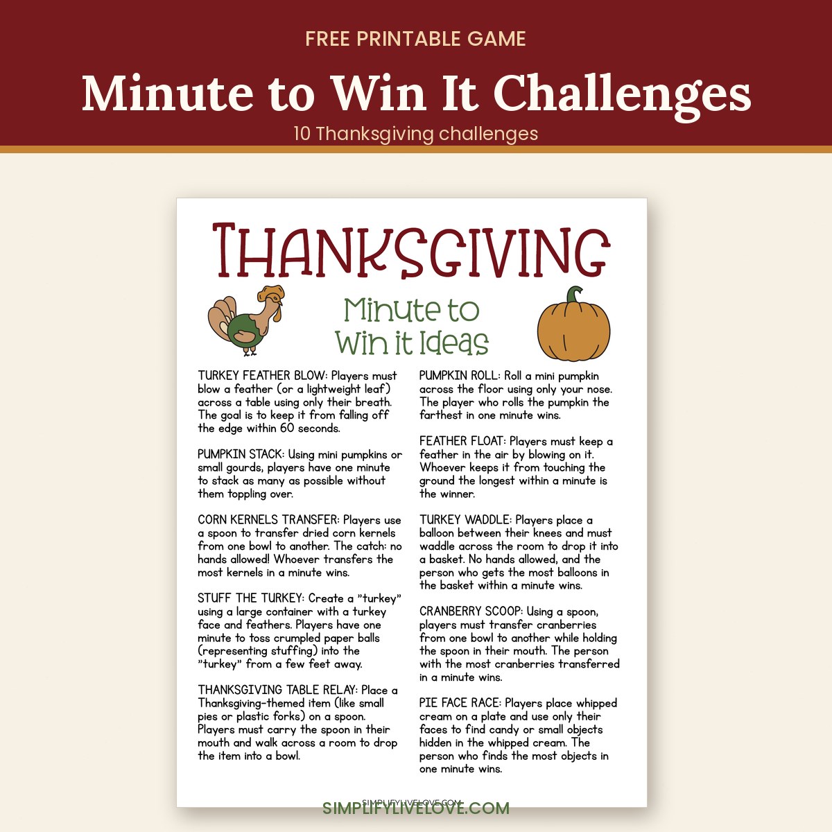 Printable list of 10 Thanksgiving Minute to Win It games
