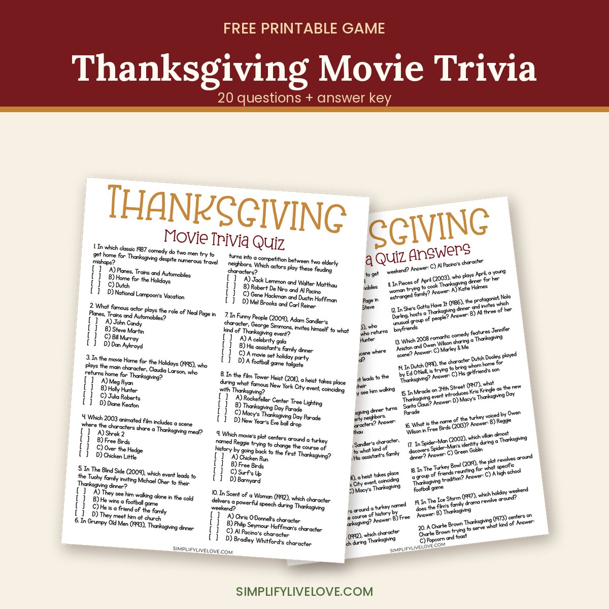 Thanksgiving movie trivia quiz printable with answer key