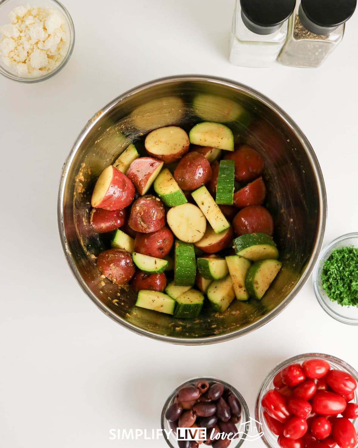marinating the vegetables for the chicken dinner