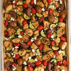 sheet pan greek chicken just out of the oven