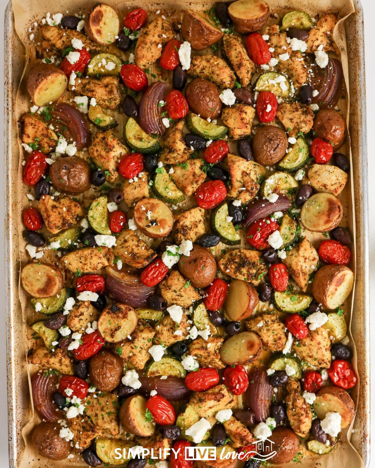 sheet pan greek chicken just out of the oven