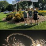 Pinterest pin for a family guide to EAA AirVenture Oshkosh, showing three teens at the AirVenture entrance sign surrounded by flowers, and a nighttime fireworks display with a smoke ring from an air show.