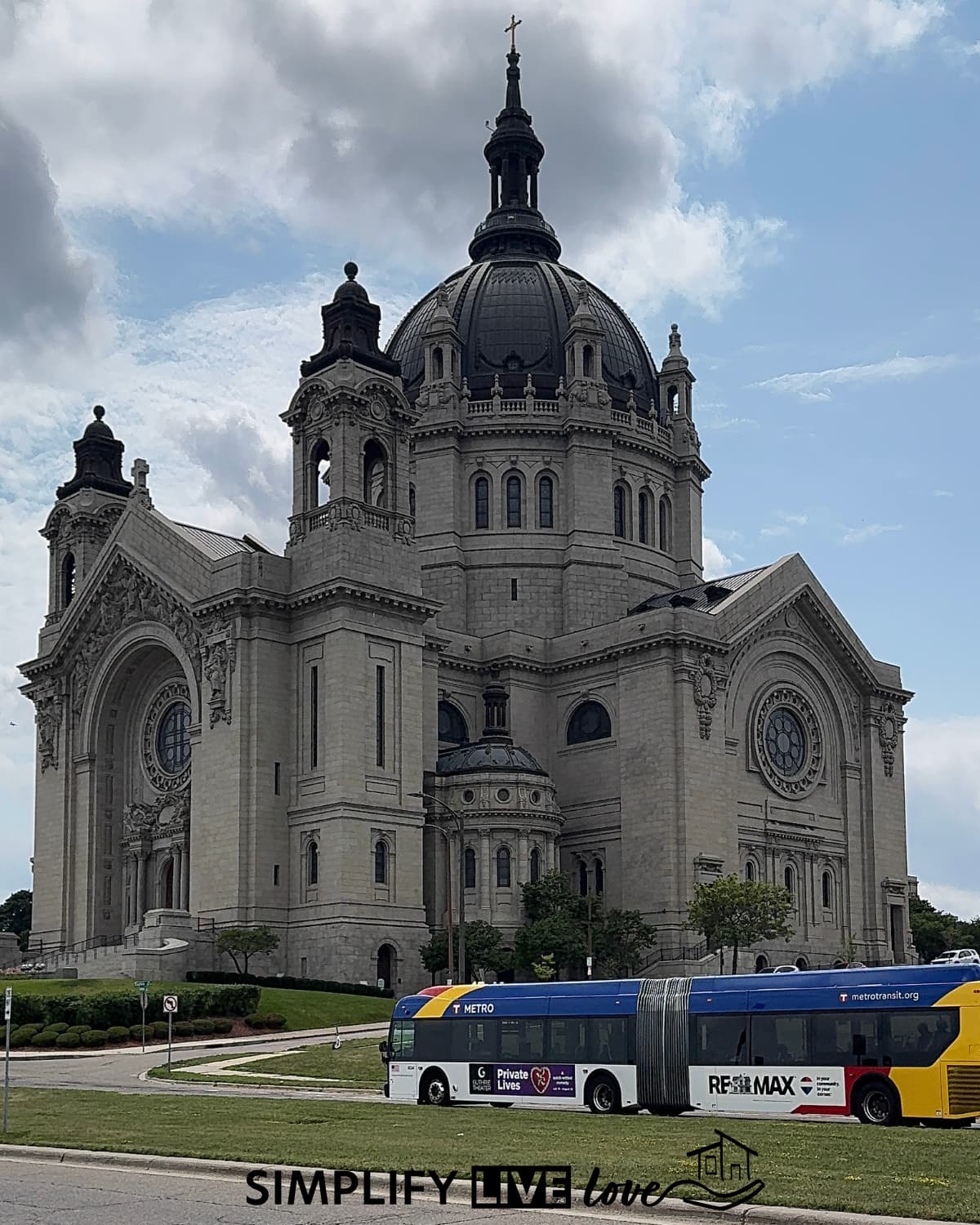 Metro bus in front of the Cathedral of Saint Paul in St Paul Minnesota