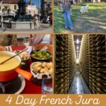 Four photos from a French Jura road trip: a village square with bunting, a woman with cows and a dog, Comté fondue, and rows of aging Comté cheese
