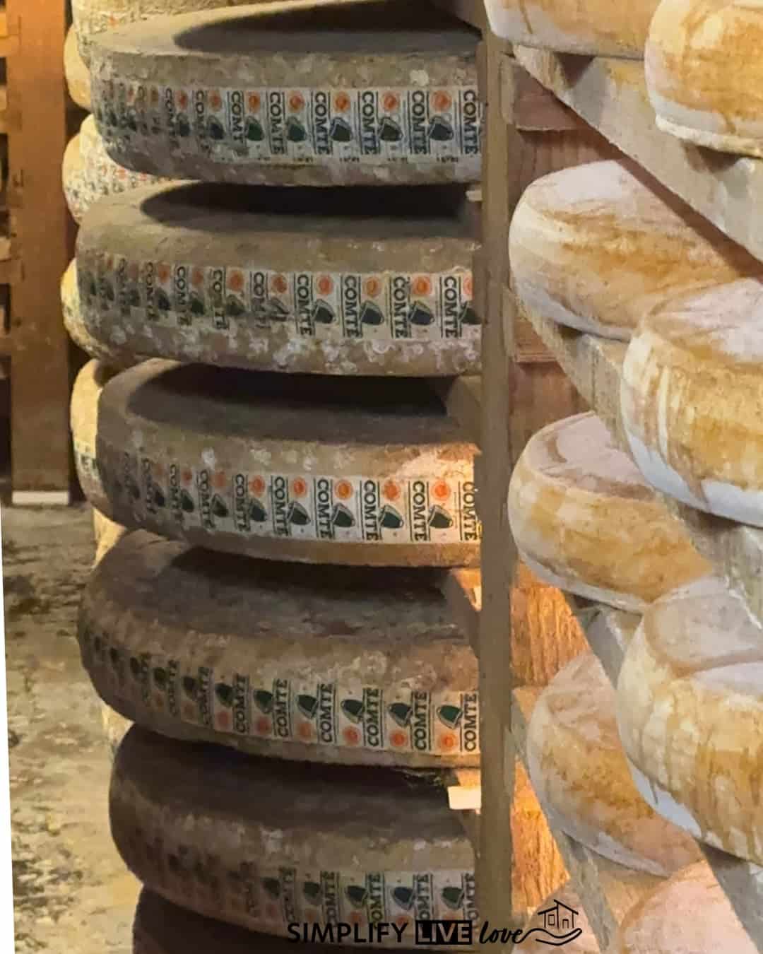 wheels of comte cheese at fromagerie janin's cellar